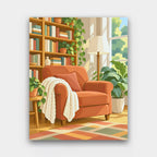 The Reading Corner paint by numbers kit of a terracotta armchair with a knitted throw beside sunny bookshelves and houseplants