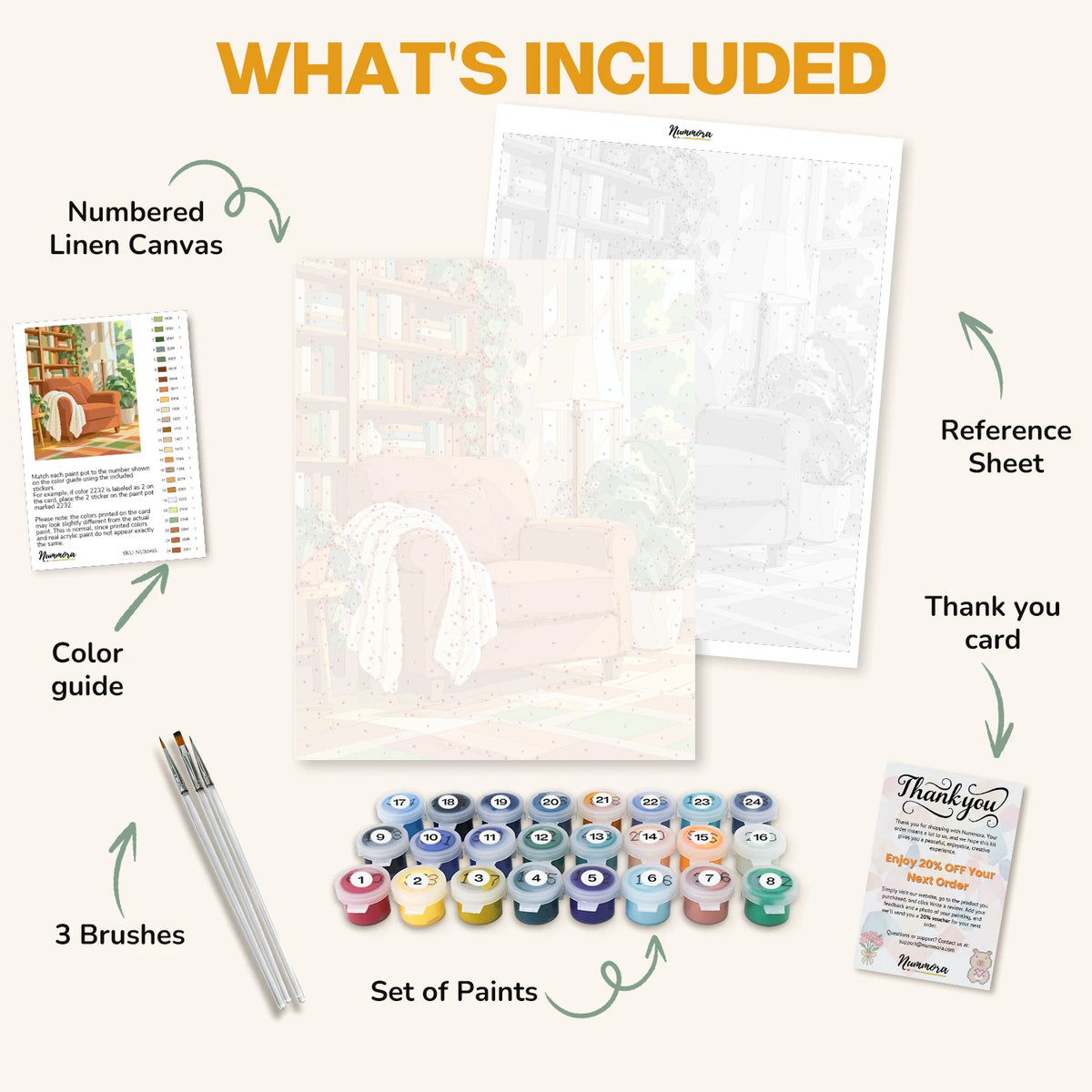 What's included in The Reading Corner paint by numbers kit: numbered linen canvas, reference sheet, color guide, 24 acrylic paints, 3 brushes and thank you card