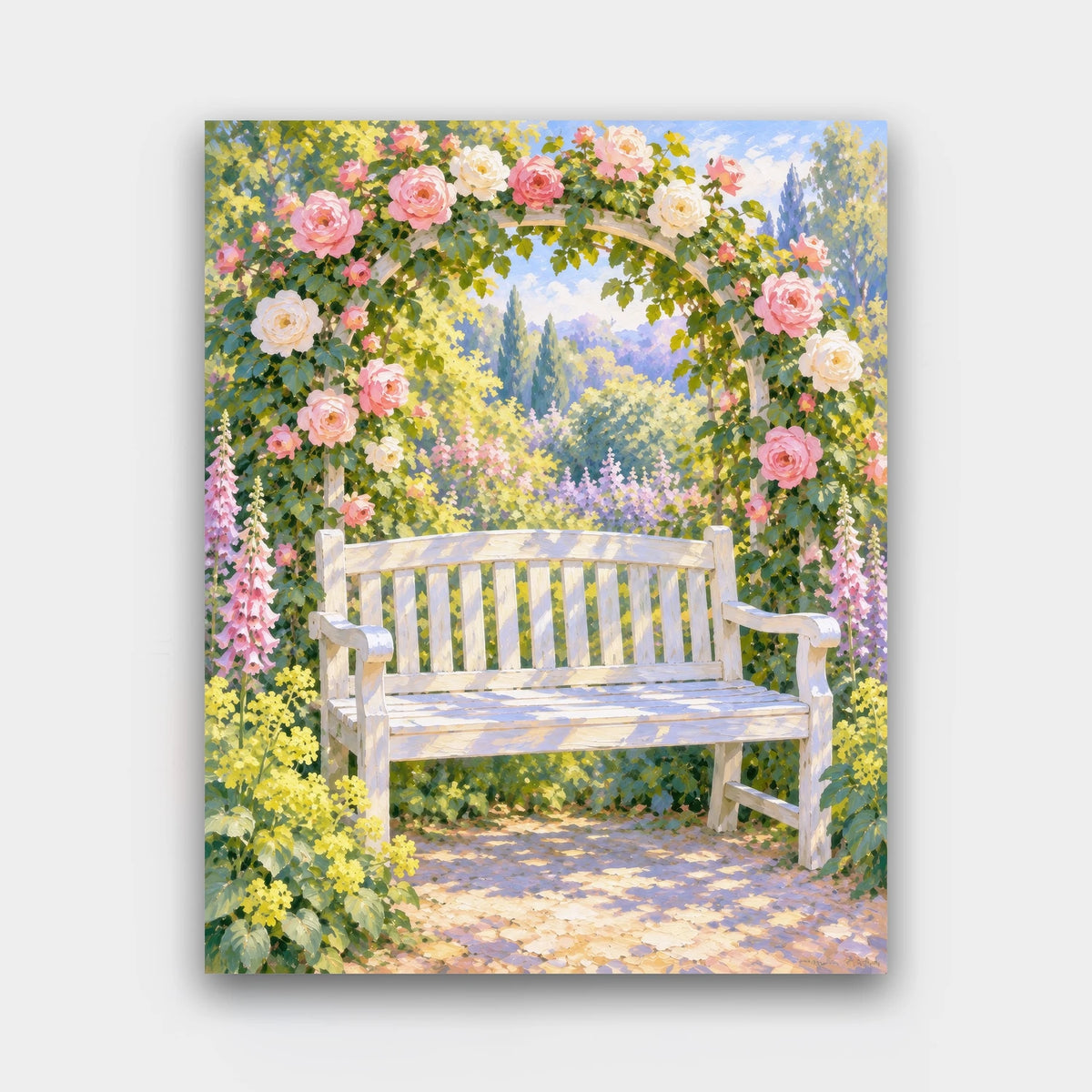The Rose Arch Bench paint by numbers kit of a white garden bench beneath an arch of pink and cream climbing roses