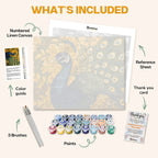 What's included in The Royal Peacock paint by numbers kit: numbered linen canvas, reference sheet, color guide, 24 acrylic paints, 3 brushes and thank you card