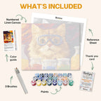 What's included in The Scientific Cat paint by numbers kit: numbered linen canvas, reference sheet, color guide, 24 acrylic paints, 3 brushes and thank you card