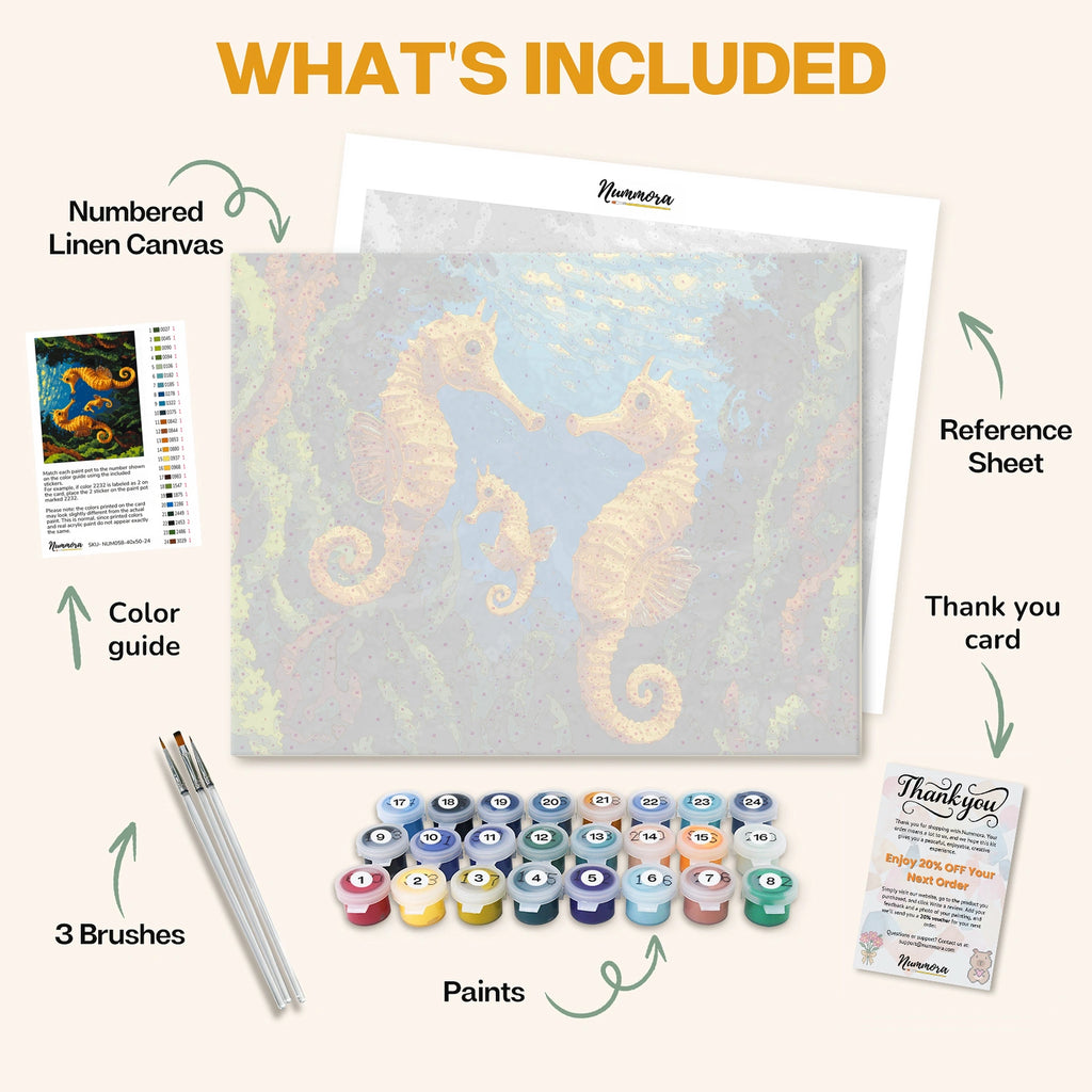What's included in The Seahorse Family paint by numbers kit: numbered linen canvas, reference sheet, color guide, 24 acrylic paints, 3 brushes and thank you card