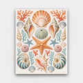 The Seashell Collection paint by numbers kit of a symmetrical arrangement of seashells, starfish, sea urchins and coral on cream