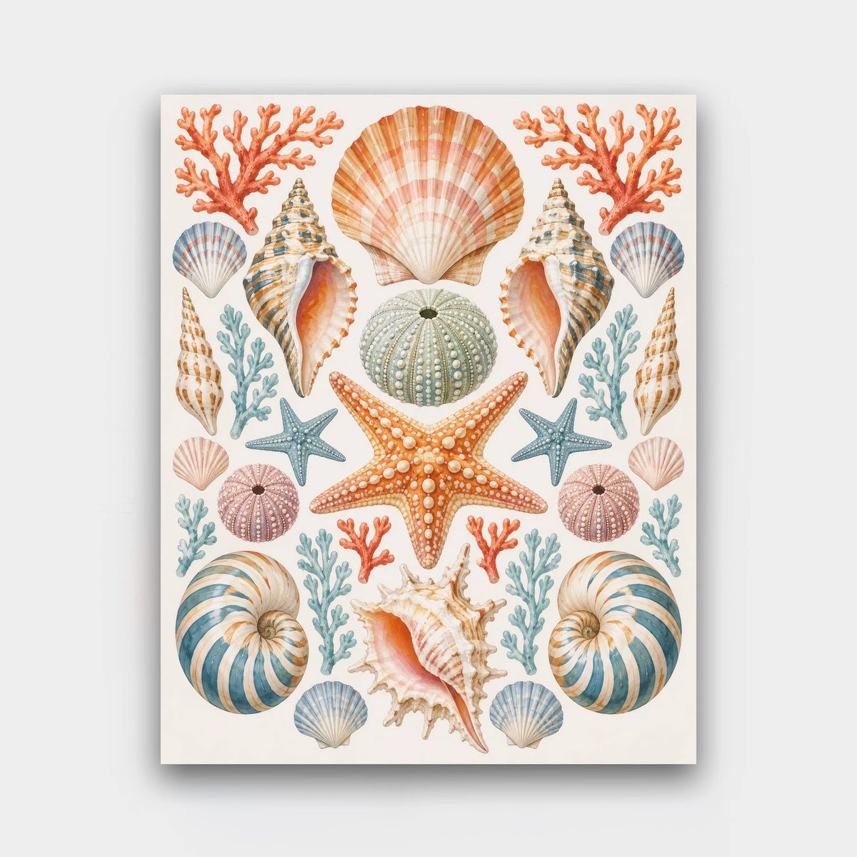 The Seashell Collection paint by numbers kit of a symmetrical arrangement of seashells, starfish, sea urchins and coral on cream