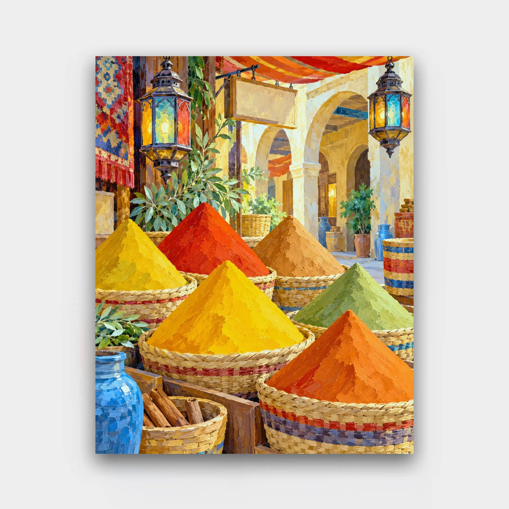 The Spice Stall paint by numbers kit of colorful cones of spice in woven baskets under hanging lanterns at a market stall
