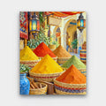The Spice Stall paint by numbers kit of colorful cones of spice in woven baskets under hanging lanterns at a market stall