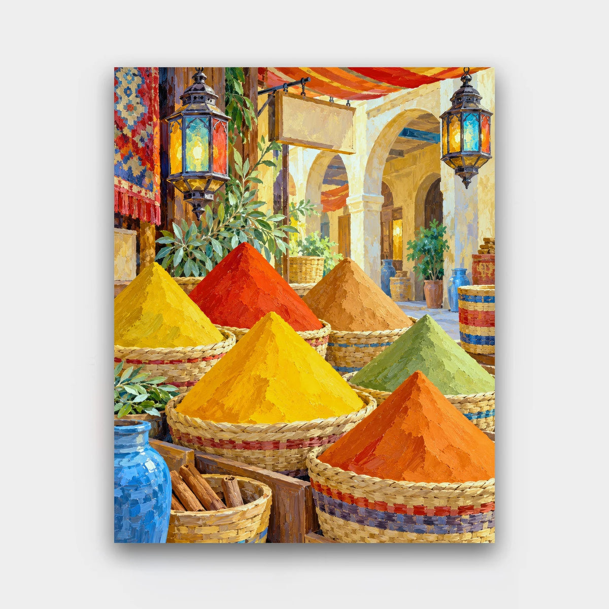The Spice Stall paint by numbers kit of colorful cones of spice in woven baskets under hanging lanterns at a market stall