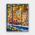 The Toy Shop Window paint by numbers kit of a Christmas toy shop window with teddy bears, a toy train, dollhouses and a rocking horse