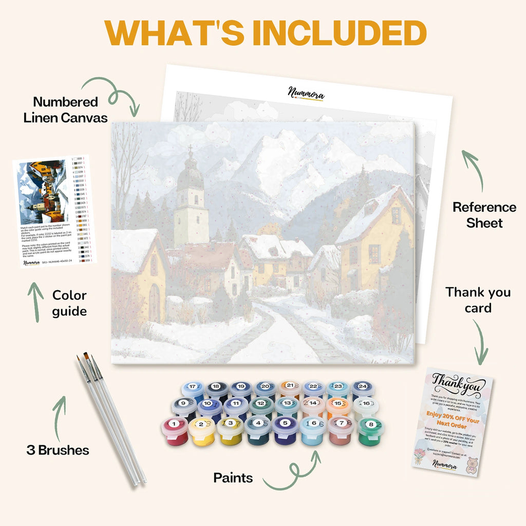 What's included in The Whisper of Snow paint by numbers kit: numbered linen canvas, reference sheet, color guide, 24 acrylic paints, 3 brushes and thank you card