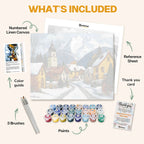 What's included in The Whisper of Snow paint by numbers kit: numbered linen canvas, reference sheet, color guide, 24 acrylic paints, 3 brushes and thank you card