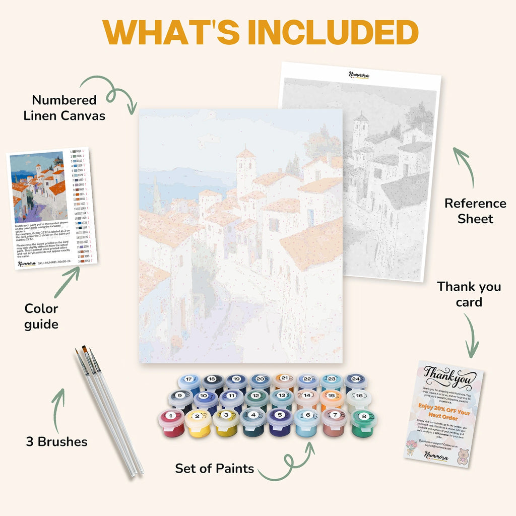 What's included in The Whispering Coast paint by numbers kit: numbered linen canvas, reference sheet, color guide, 24 acrylic paints, 3 brushes and thank you card