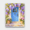 The Wisteria Door paint by numbers kit of a blue cottage door framed by hanging purple wisteria with potted flowers