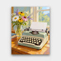 The Writer's Desk paint by numbers kit of a mint vintage typewriter with blank paper beside a jar of wildflowers on a desk