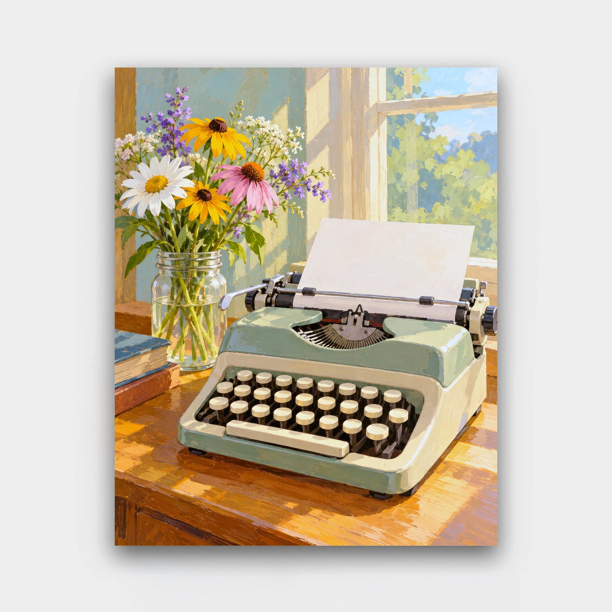 The Writer's Desk paint by numbers kit of a mint vintage typewriter with blank paper beside a jar of wildflowers on a desk