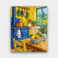 The Yellow Kitchen paint by numbers kit of a sunny yellow kitchen with a blue stove, copper kettle, fruit bowl and hanging herbs