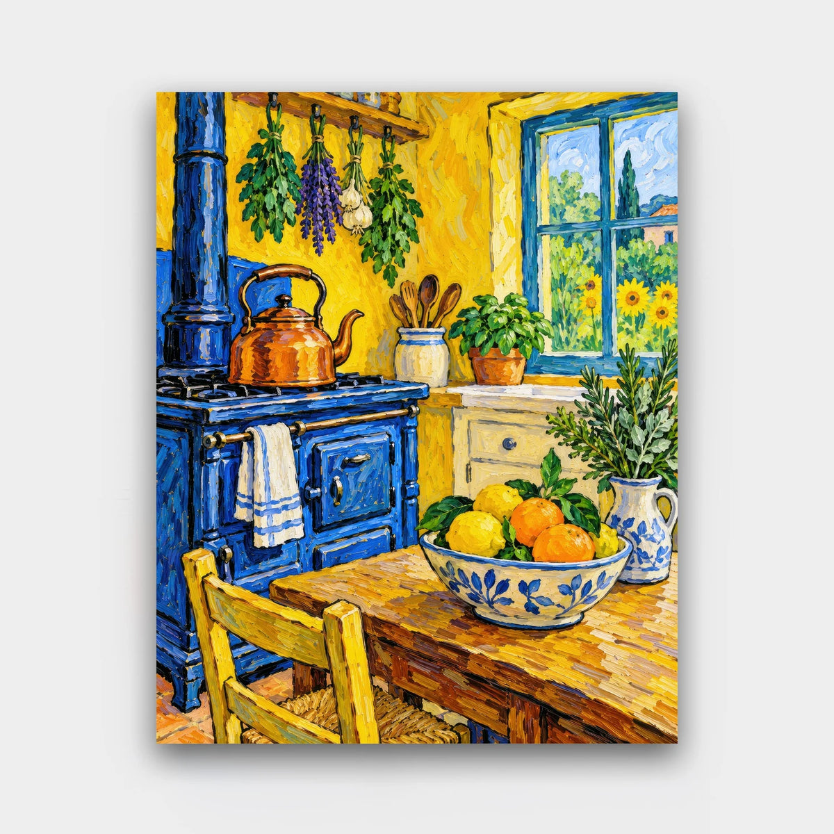 The Yellow Kitchen paint by numbers kit of a sunny yellow kitchen with a blue stove, copper kettle, fruit bowl and hanging herbs