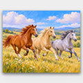 Three Horses Running paint by numbers kit of a chestnut, a palomino and a grey horse galloping through a golden meadow