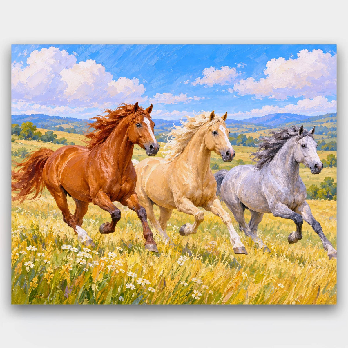 Three Horses Running paint by numbers kit of a chestnut, a palomino and a grey horse galloping through a golden meadow