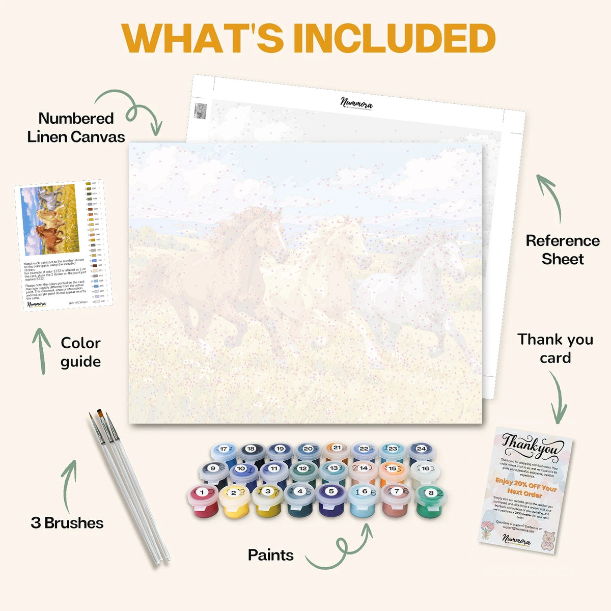 What's included in the Three Horses Running paint by numbers kit: numbered linen canvas, reference sheet, color guide, 24 acrylic paints, 3 brushes and thank you card