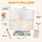 What's included in the Tide of Serenity paint by numbers kit: numbered linen canvas, reference sheet, color guide, 24 acrylic paints, 3 brushes and thank you card
