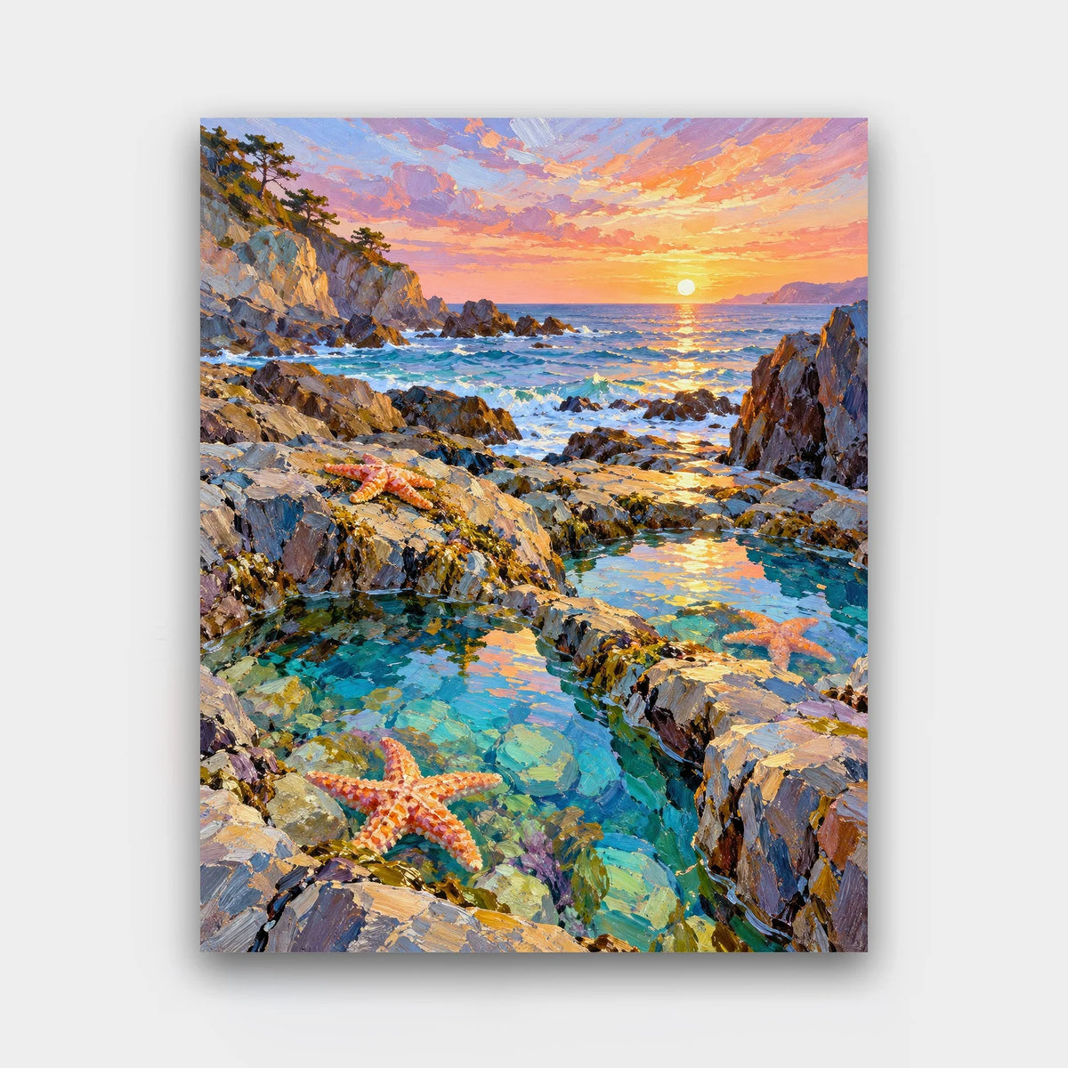 Tide Pool Cove paint by numbers kit of a rocky cove at sunset with tide pools, starfish and reflections