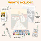 What's included in the Timeless Alley paint by numbers kit: numbered linen canvas, reference sheet, color guide, 24 acrylic paints, 3 brushes and thank you card