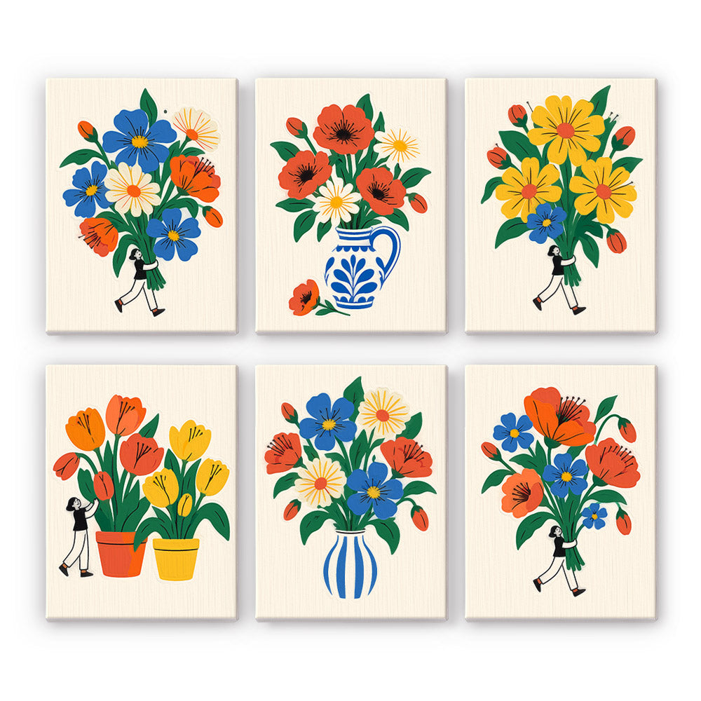 Tiny Gardeners mini paint by numbers set: six giant bouquets carried and tended by tiny figures