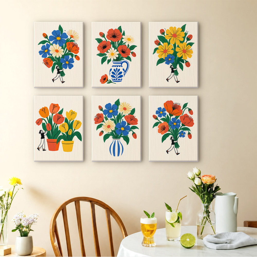 Tiny Gardeners mini paintings displayed as a gallery wall in a sunny kitchen