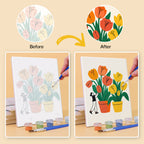 Before and after of a Tiny Gardeners mini paint by numbers canvas