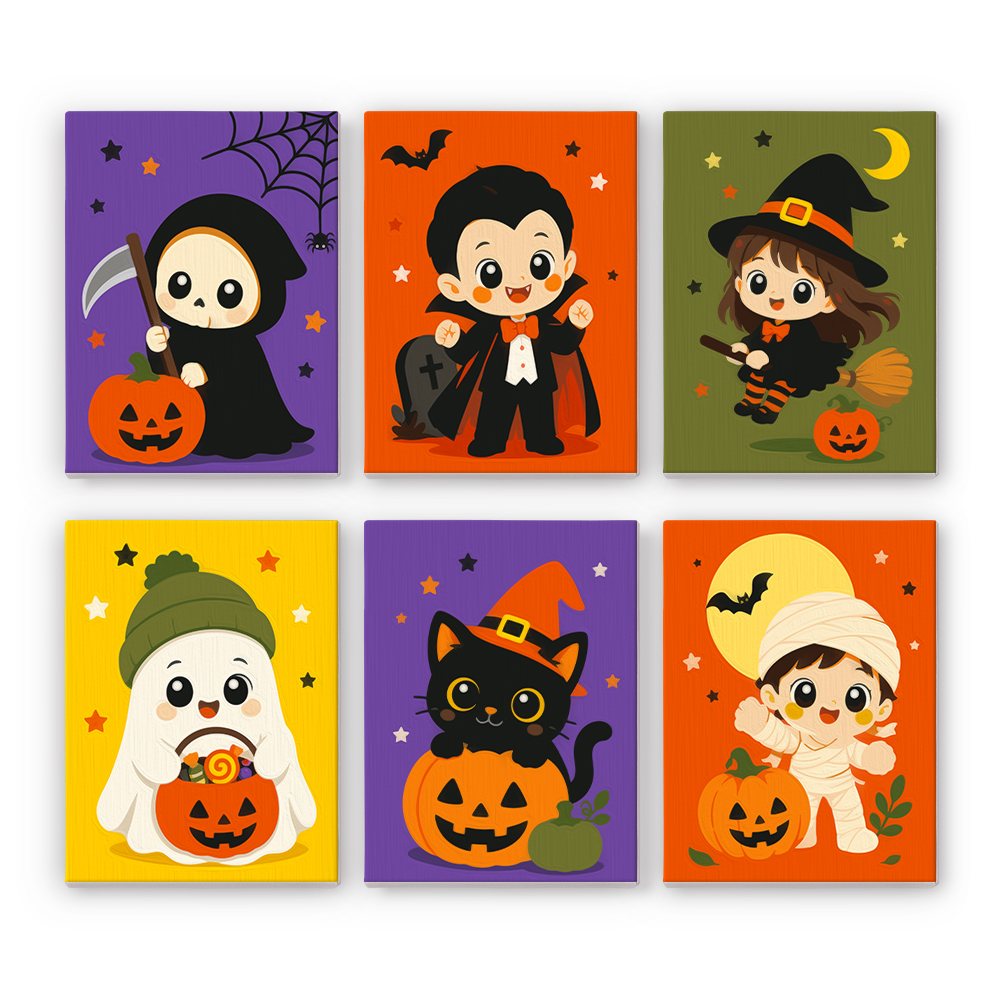 Tiny Trick-or-Treaters mini paint by numbers set: six chibi characters in costume, including a reaper, vampire, witch, ghost, black cat and mummy