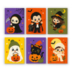Tiny Trick-or-Treaters mini paint by numbers set: six chibi characters in costume, including a reaper, vampire, witch, ghost, black cat and mummy