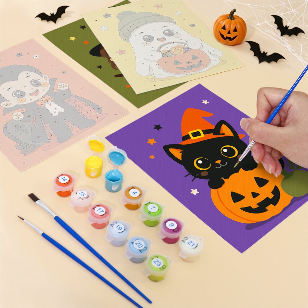 Filling in a Tiny Trick-or-Treaters mini canvas with numbered acrylic paints and a fine brush