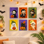 Six finished Tiny Trick-or-Treaters mini paintings hung on a wall above a table