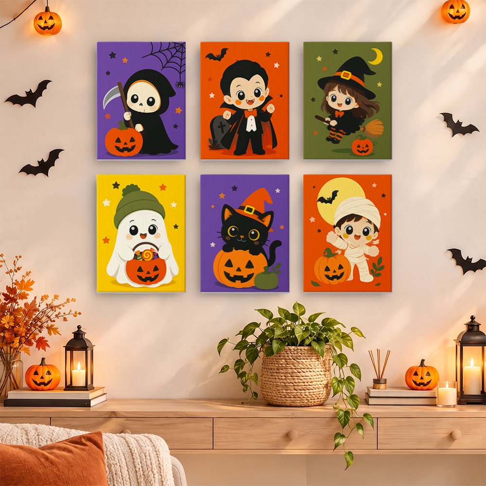 Tiny Trick-or-Treaters mini paintings displayed as a gallery wall in a sunny kitchen