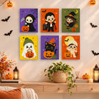 Tiny Trick-or-Treaters mini paintings displayed as a gallery wall in a sunny kitchen