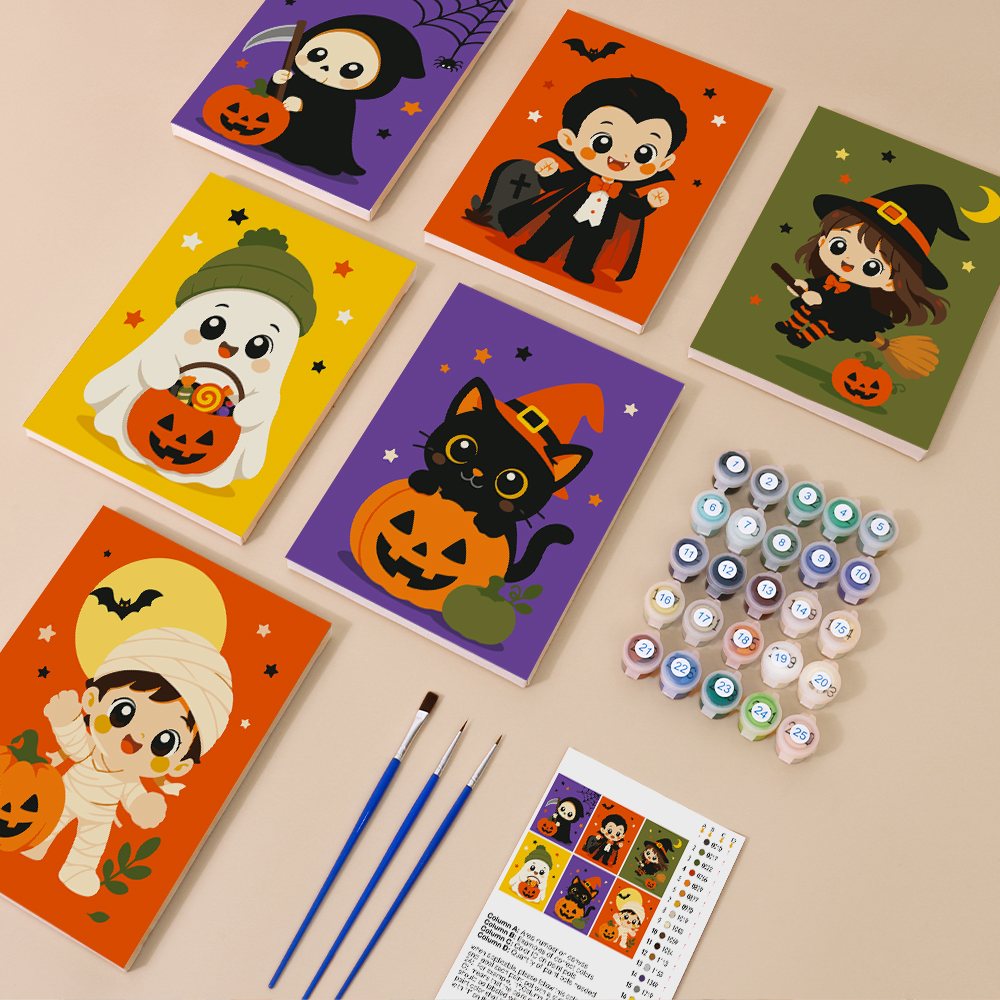 Tiny Trick-or-Treaters mini paint by numbers kit with six numbered canvases, acrylic paints, brushes and layout