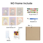 What's included without a frame: six rolled Tiny Trick-or-Treaters mini canvases, acrylic paints, three brushes and layout