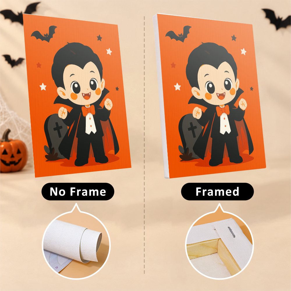 Tiny Trick-or-Treaters mini canvas shown rolled without a frame and pre-stretched on a frame