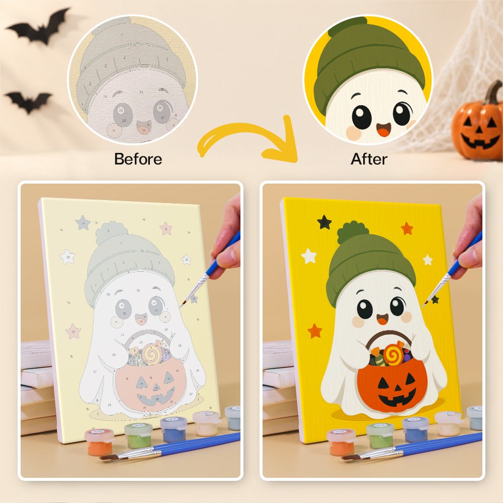 Before and after of a Tiny Trick-or-Treaters mini paint by numbers canvas