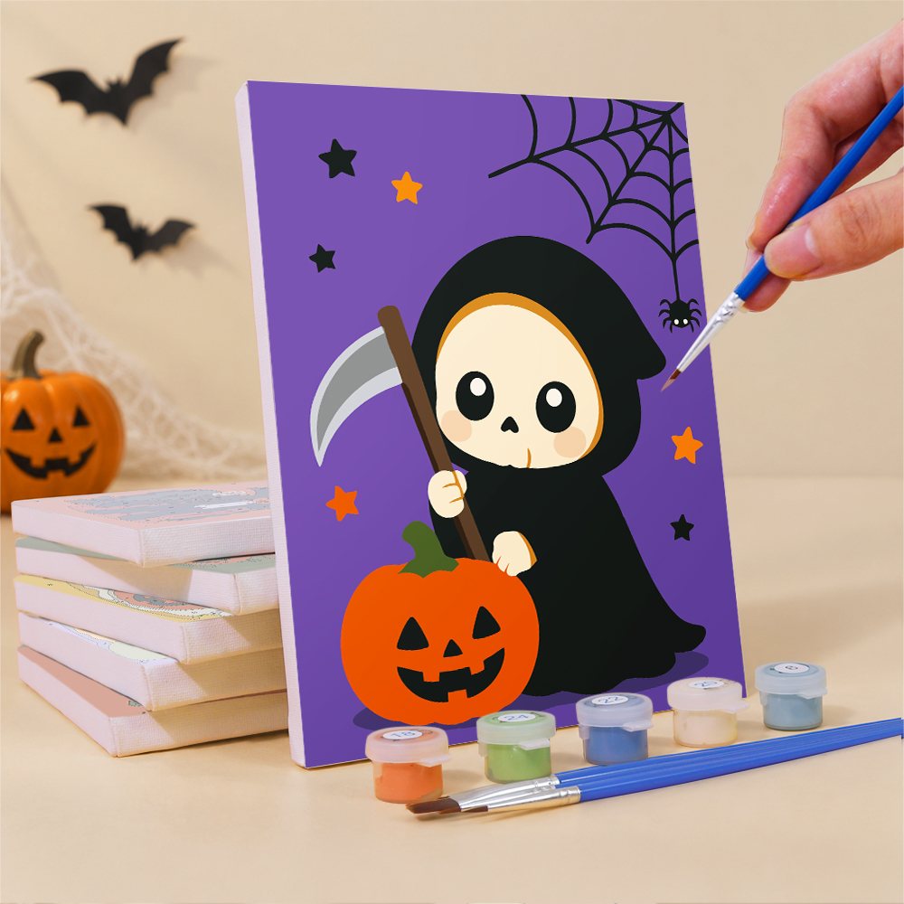Painting a Tiny Trick-or-Treaters mini canvas propped up beside numbered acrylic paints