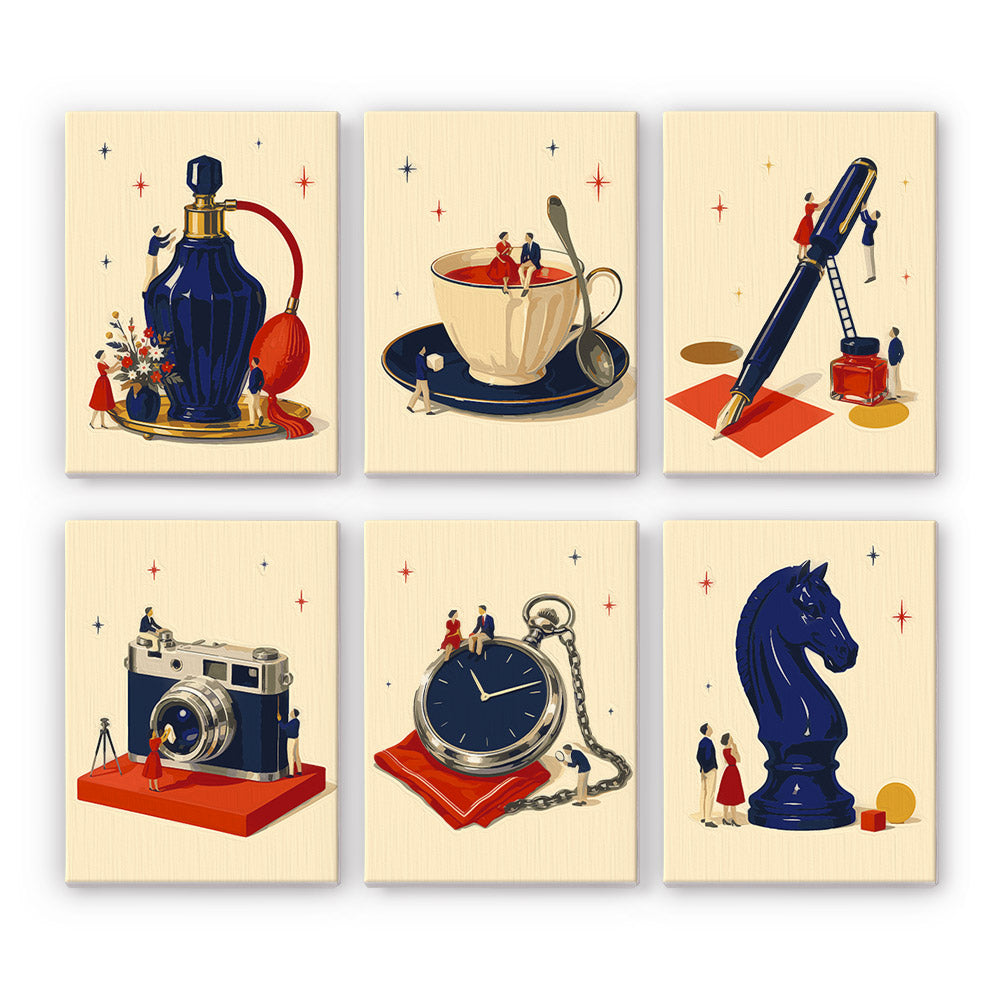Tiny Worlds mini paint by numbers set: six scenes of tiny people on a perfume bottle, teacup, pen, camera, pocket watch and chess knight