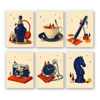 Tiny Worlds mini paint by numbers set: six scenes of tiny people on a perfume bottle, teacup, pen, camera, pocket watch and chess knight