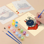 Filling in a Tiny Worlds mini canvas with numbered acrylic paints and a fine brush