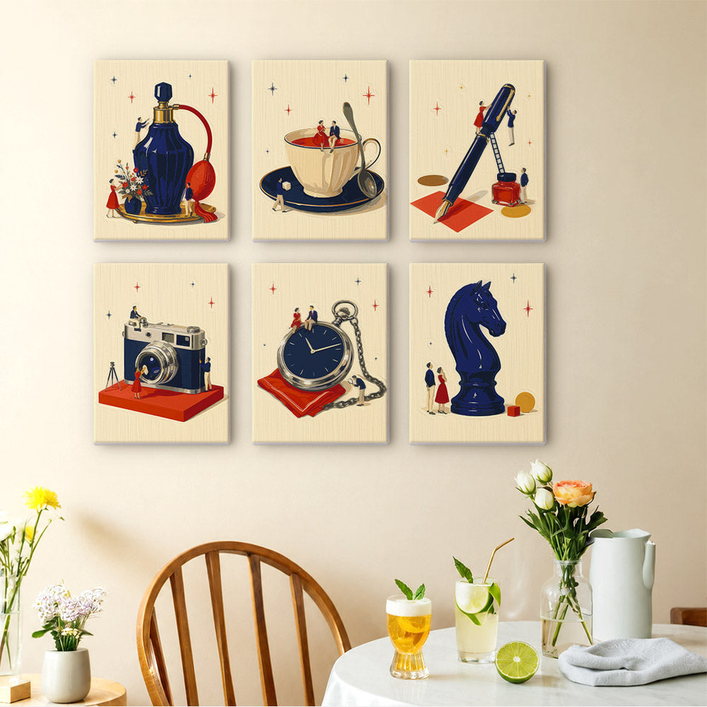 Tiny Worlds mini paintings displayed as a gallery wall in a sunny kitchen