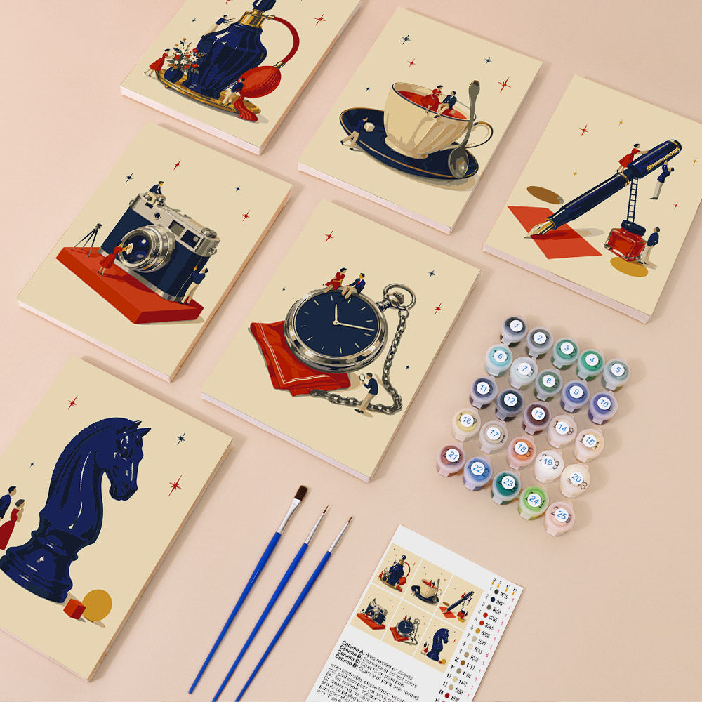 Tiny Worlds mini paint by numbers kit with six numbered canvases, acrylic paints, brushes and layout