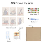 What's included without a frame: six rolled Tiny Worlds mini canvases, acrylic paints, three brushes and layout