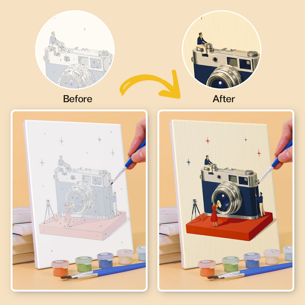 Before and after of a Tiny Worlds mini paint by numbers canvas