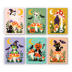 Toadstool Halloween Friends mini paint by numbers set: six Halloween friends among spotted toadstools, including a ghost, skeleton cat, bat, frog, scarecrow and black cat