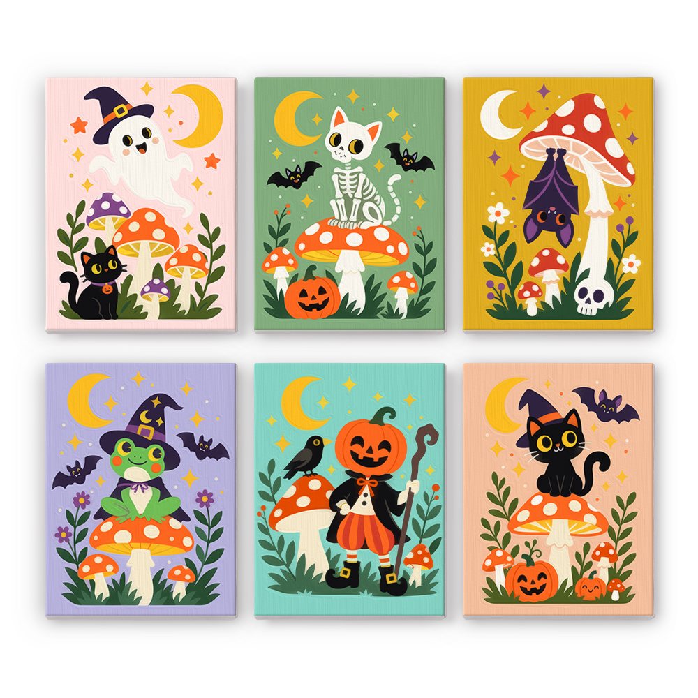 Toadstool Halloween Friends mini paint by numbers set: six Halloween friends among spotted toadstools, including a ghost, skeleton cat, bat, frog, scarecrow and black cat