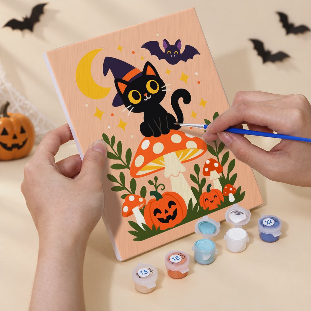 Numbered paint pots and brushes on a pre-stretched Toadstool Halloween Friends mini canvas